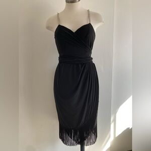 Elegant Black Evening Dress with thin, Sparkly rhinestone straps.